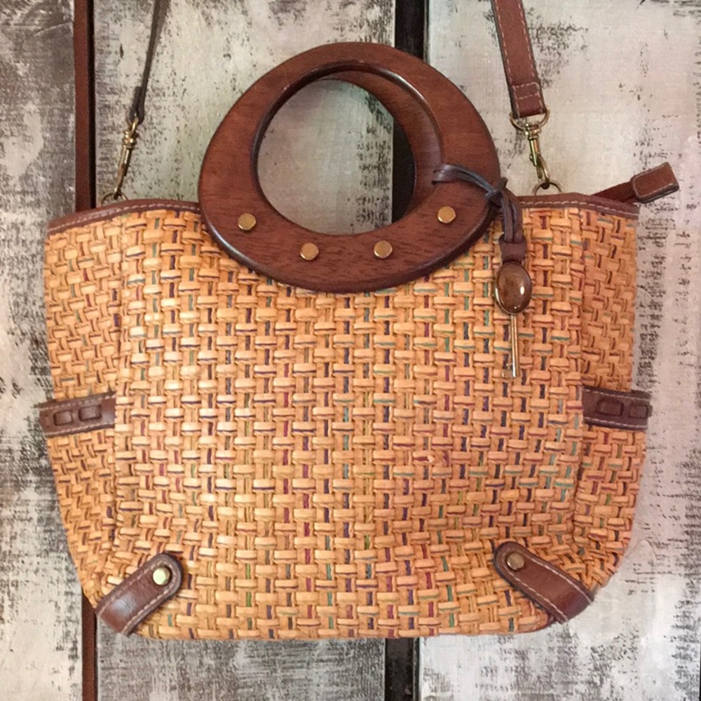 Fossil Straw Wood Crossbody 9x13x4